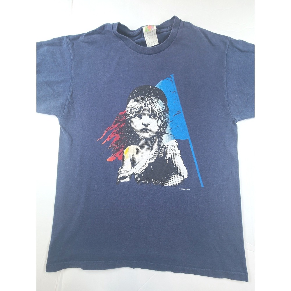 VTG Fruit Of The Loom Les Miserables T Shirt Mens L Blue 1986 Broadway Musical